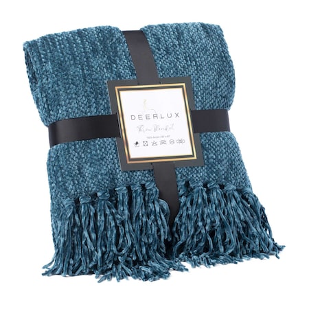 Deerlux Decorative Chenille Throw Blanket with Fringe, Navy QI003969.NV